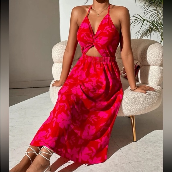 Boho Floral Print Backless Cut Out Twisted Front Halter Maxi Dress - Picture 1 of 5